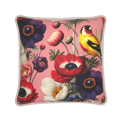 Goldfinch and Anemone Silk Satin Throw Pillow