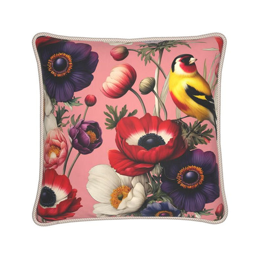 Goldfinch and Anemone Silk Satin Throw Pillow