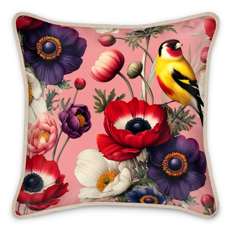 Goldfinch and Anemone Silk Satin Throw Pillow