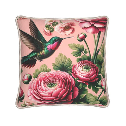 Hummingbird & Ranunculus Silk Satin Throw Pillow