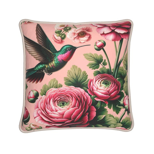Hummingbird & Ranunculus Silk Satin Throw Pillow
