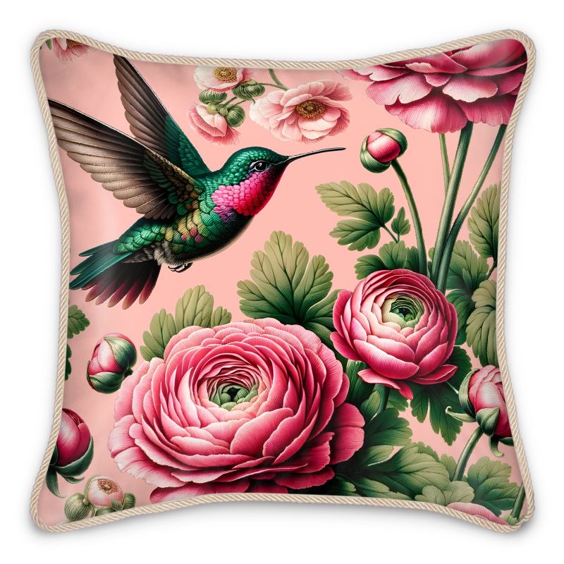 Hummingbird & Ranunculus Silk Satin Throw Pillow