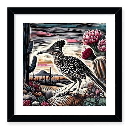 Roadrunner and Blooming Cactus Woodcut Framed Giclée Print