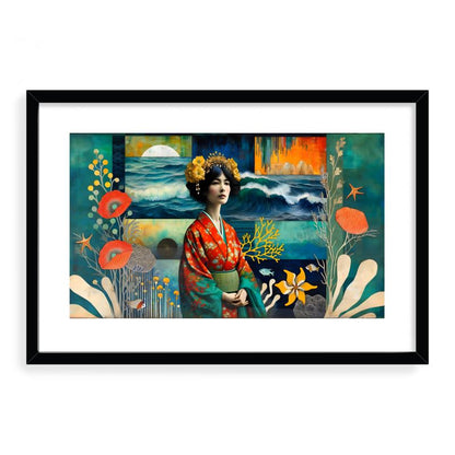 Japanese Woman and the Sea Collage Framed Giclée Print