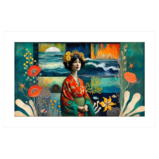 Japanese Woman and the Sea Collage Giclée Print