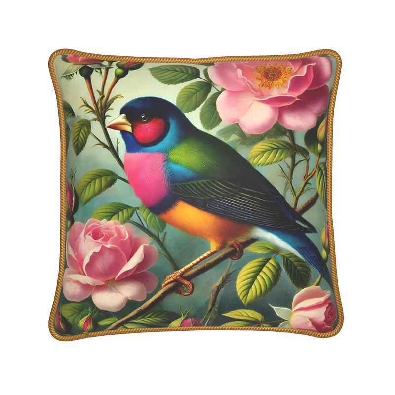 Elegant Gouldian Finch and Roses Silk Satin Pillow - 16” Square