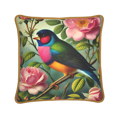 Elegant Gouldian Finch and Roses Silk Satin Pillow - 16” Square