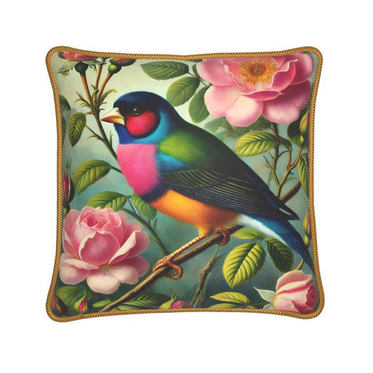 Elegant Gouldian Finch and Roses Silk Satin Pillow - 16” Square
