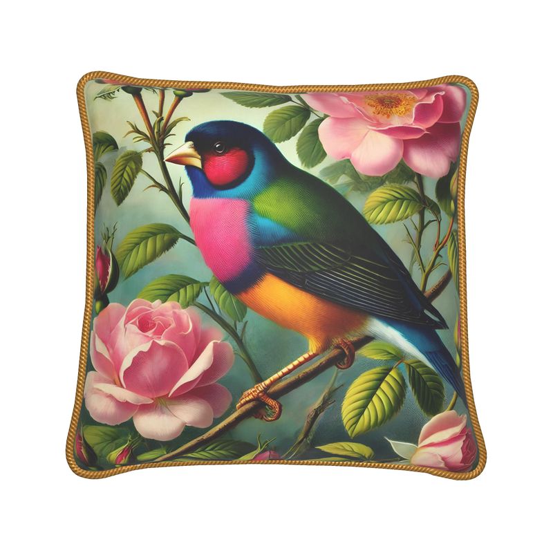 Elegant Gouldian Finch and Roses Silk Satin Pillow - 16” Square