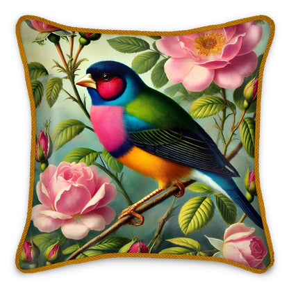 Elegant Gouldian Finch and Roses Silk Satin Pillow - 16” Square