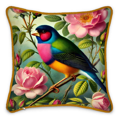 Elegant Gouldian Finch and Roses Silk Satin Pillow - 16” Square