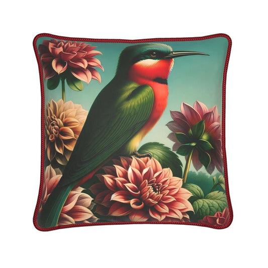 Red-Throated Bee Eater in Dahlias Luxury Silk Satin Throw Pillow