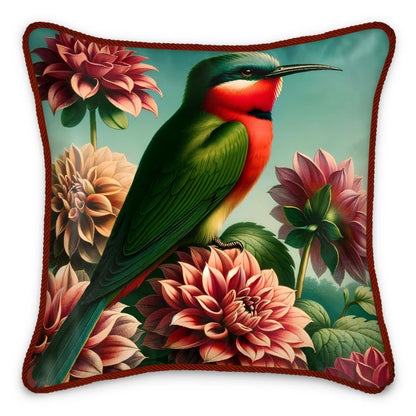 Red-Throated Bee Eater in Dahlias Luxury Silk Satin Throw Pillow