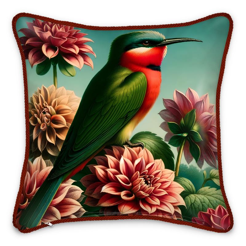 Red-Throated Bee Eater in Dahlias Luxury Silk Satin Throw Pillow