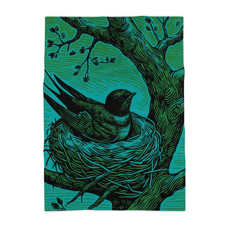 Swallow in Nest Woodcut 100% Cotton-Linen Tea Towel