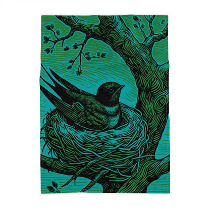 Swallow in Nest Woodcut 100% Cotton-Linen Tea Towel