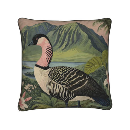 Hawaiian Nēnē bird throw pillow with tropical landscape design in cotton linen