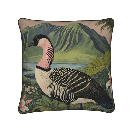 Hawaiian Nēnē bird throw pillow with tropical landscape design in cotton linen